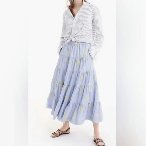 J. CREW Pinapple Embroidered Tiered Seersucker Pinstripe Lagenlook Midi Skirt - Picture 4 of 15